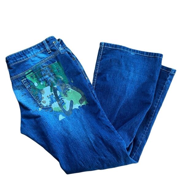 Vintage Crest Wide Leg Flared Denim Graphic Blue Jeans Size 16 - Picture 1 of 6